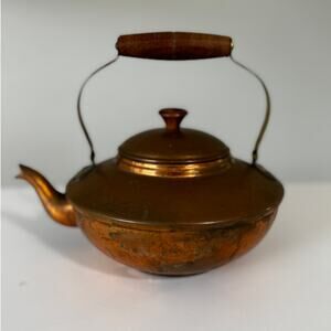 Vintage Copper Teapot with Wooden Handle Rustic Farmhouse Kitchen Decor